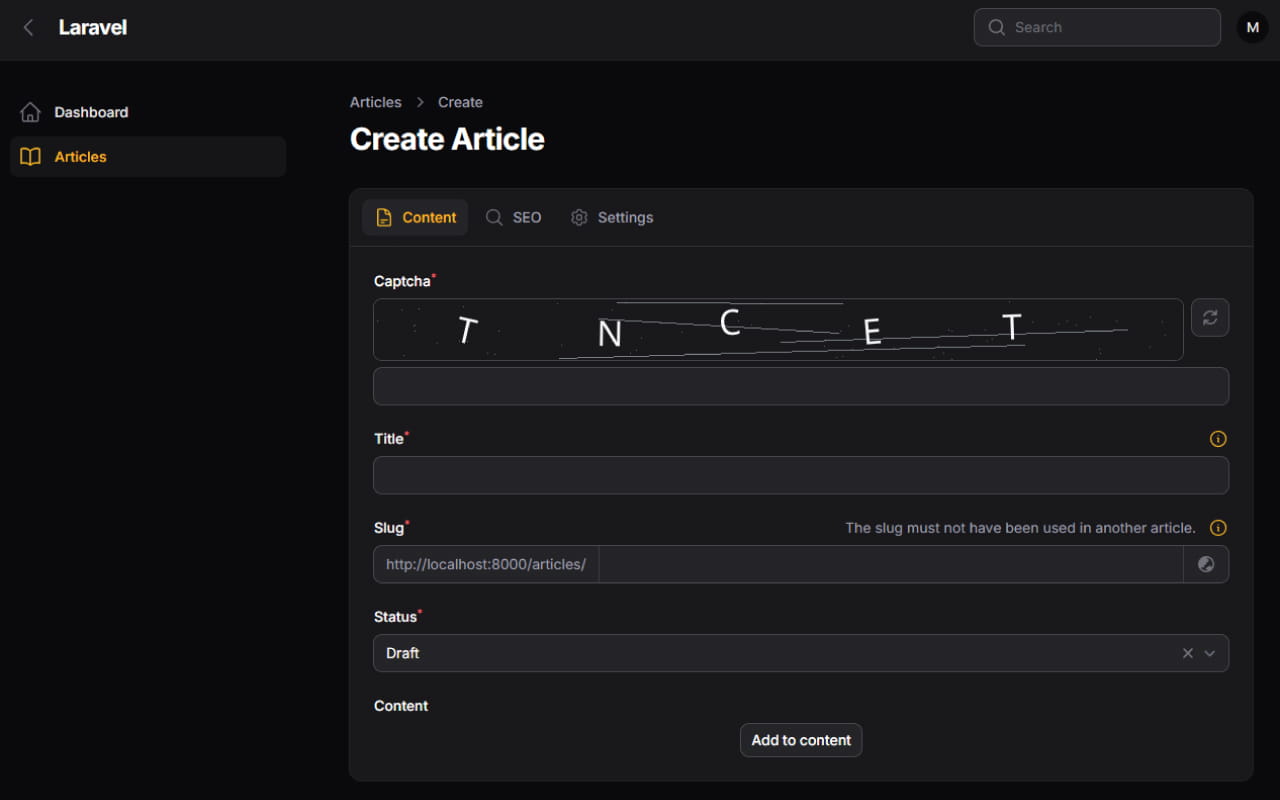 Filament panel CAPTCHA (Dark)